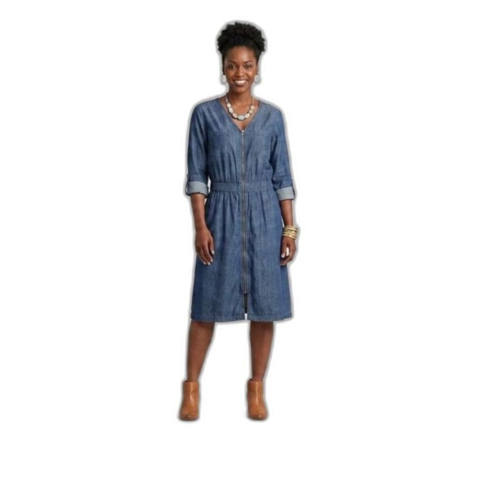 Deja Bleu Premium Midi Dress Women's Size 18 Blue Chambray Full Zip Roll Sleeve